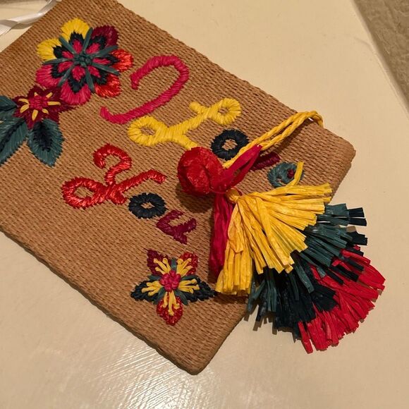 Guadalupe I Love You Embroidered Raffia Pouch Colorful Tip Top Clutch Beachy NWT - Picture 4 of 8